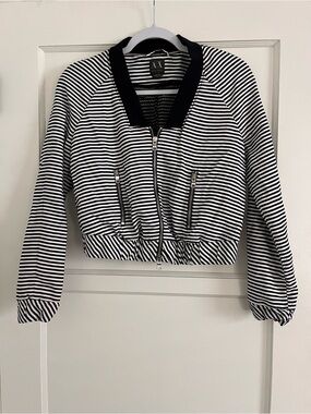 A/X Armani Exchange Black & White Striped Cropped Bomber Jacket